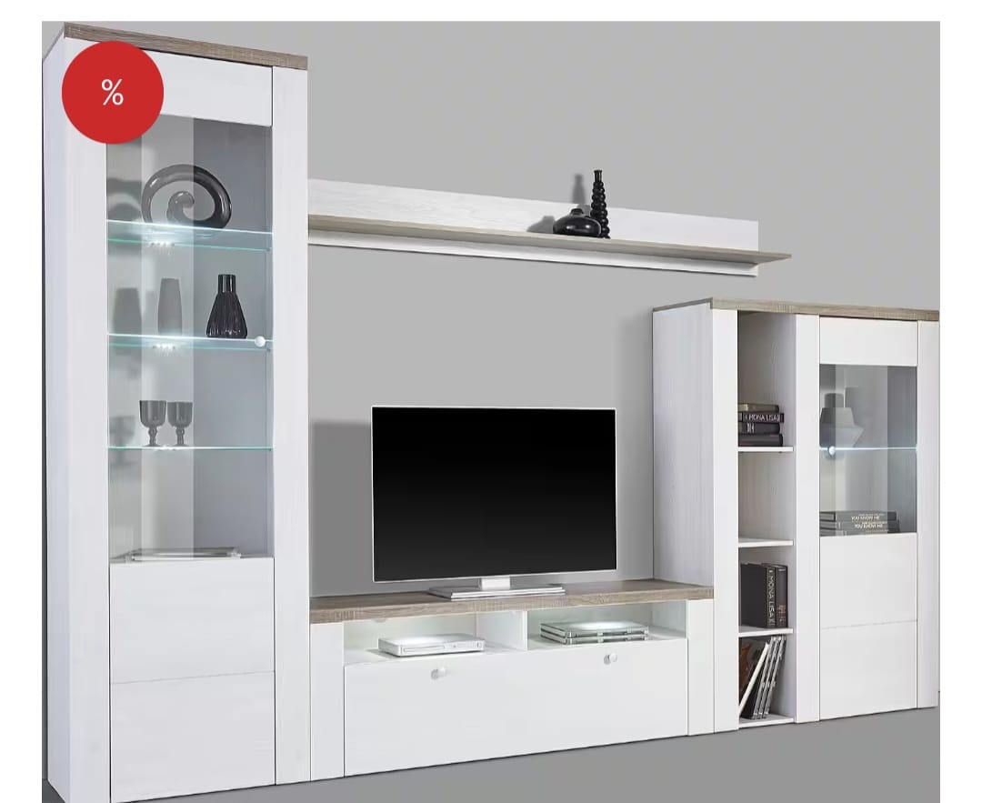 Mobilier de living alb cu vitrine și spațiu pentru televizor