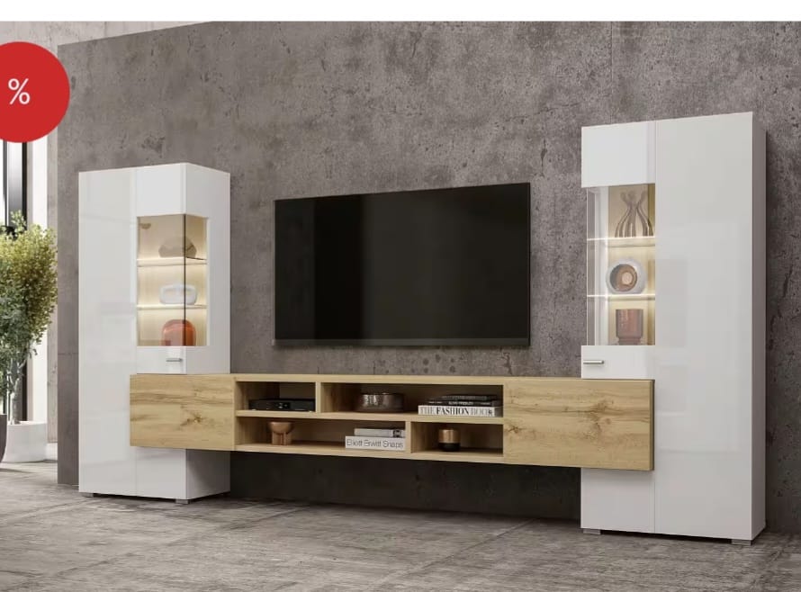 Ansamblu TV alb și stejar cu vitrine laterale