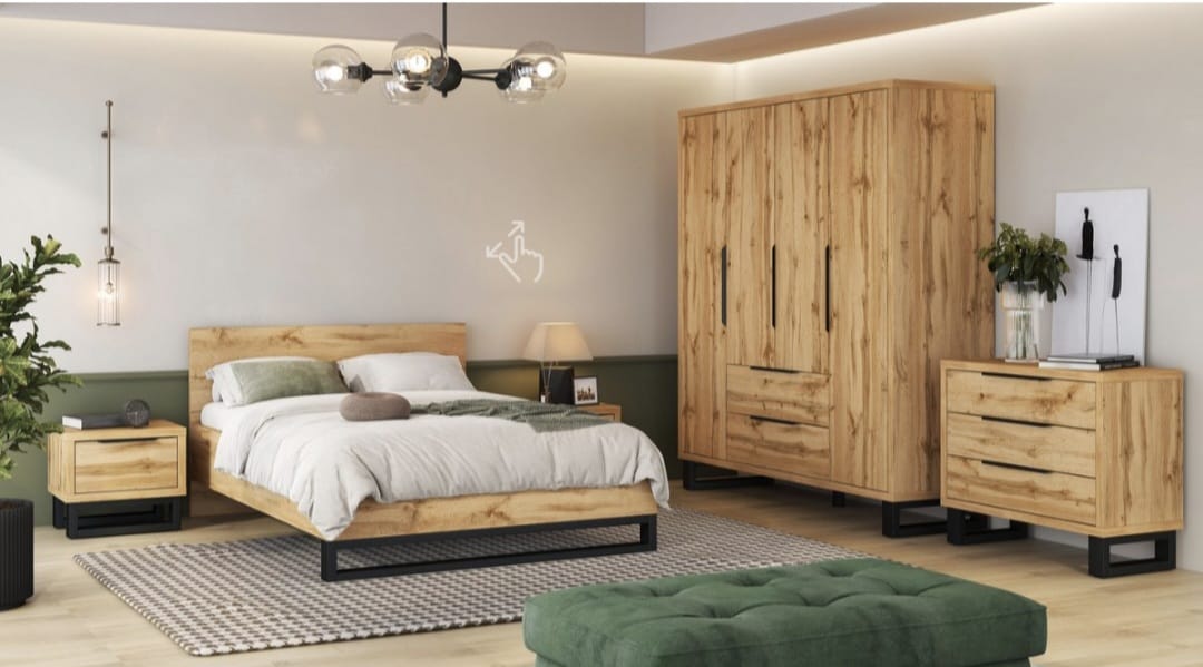 Dormitor complet cu pat și mobilier în finisaj stejar